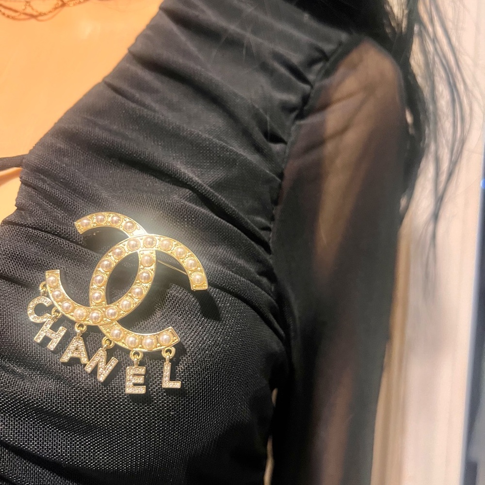CHANEL Gold-Tone Pearl CC Brooch with Crystal Letter Charms - Gold & White - Picture 3 of 5